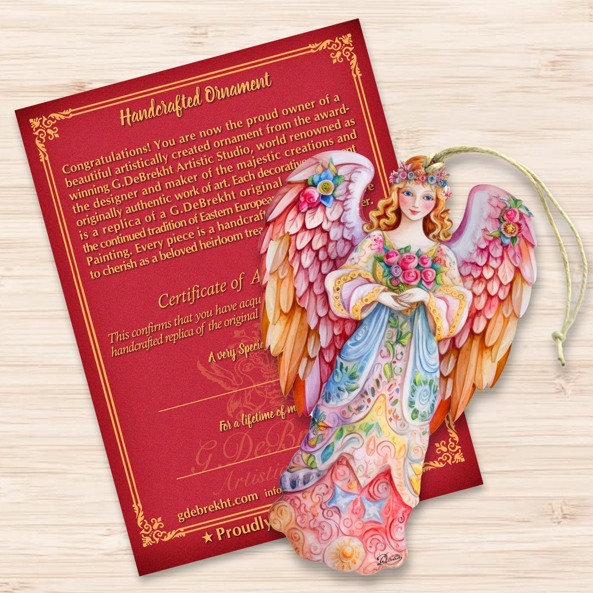 Adornos de madera con forma de ángel floral rosa de G. DeBrekht para la Natividad - 8611023