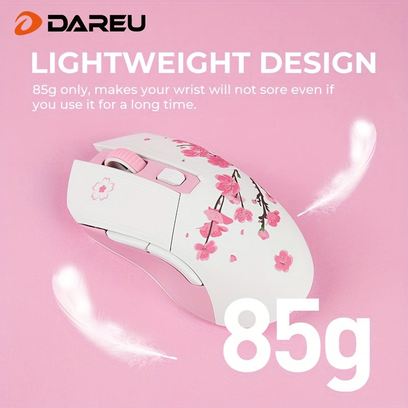 DAREU Sakura Pink Wireless Gaming Mouse - 12K DPI, RGB Rechargeable, 7 Programmable Buttons, Charging Dock Stand, Dual Mode for PC/Laptop/Mac - The Perfect Gift for Birthdays, Valentines, Halloween, Easter, and Girlfriends