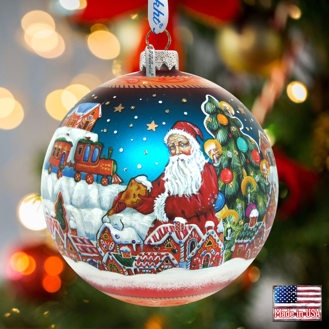 Adorno de cristal de casita de jengibre de edición limitada de G. DeBrekht - Decoración navideña de Papá Noel y muñeco de nieve - 73858