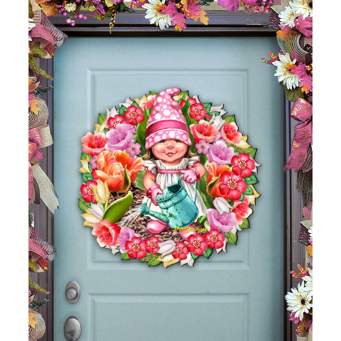 Decoración de puerta con gnomo de flores y corona de primavera de D. Gelsinger - Decoración navideña - 8461055H-DG