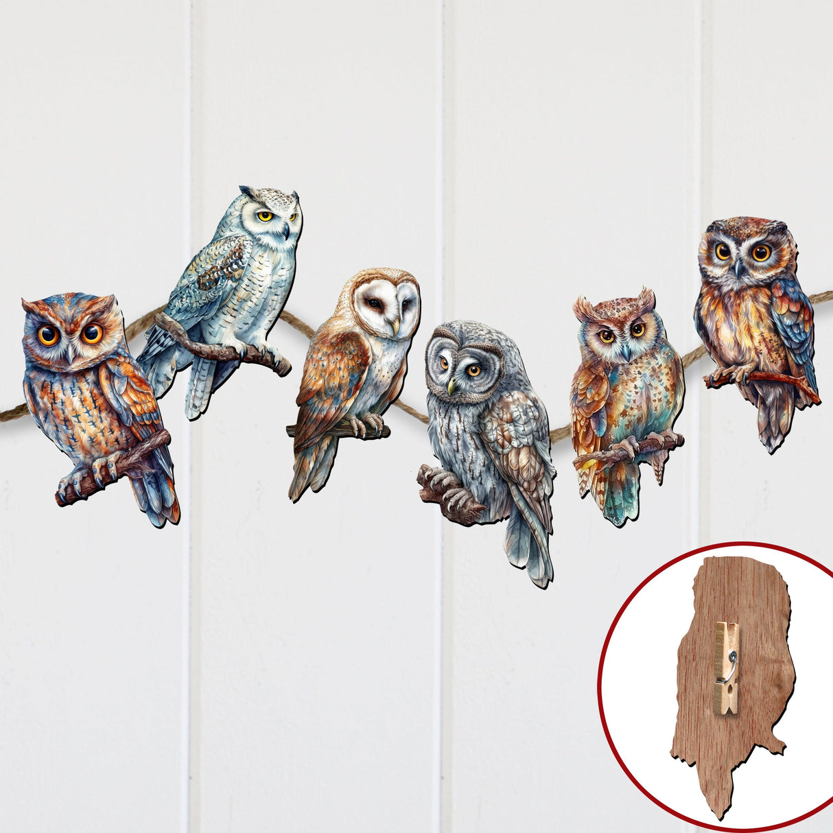 Night Owls Decorative Wooden Clip-on Ornaments of 6 by G. Debrekht - Christmas Decor - 8090004C-S6