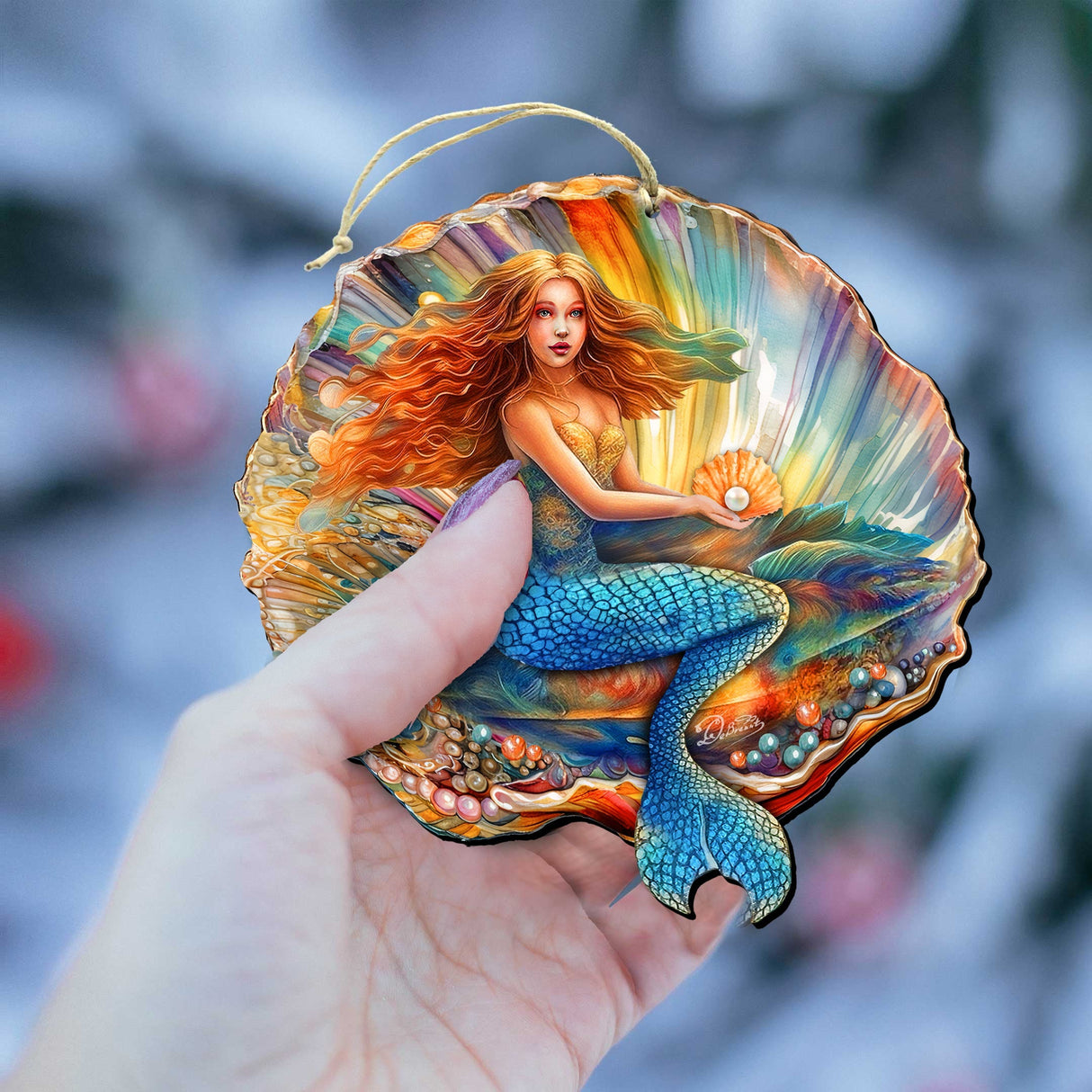 Nautical Christmas Decor - Mermaid in the Shell Wooden Ornaments by G.Debrekht Coastal Holiday Decor - 8688200