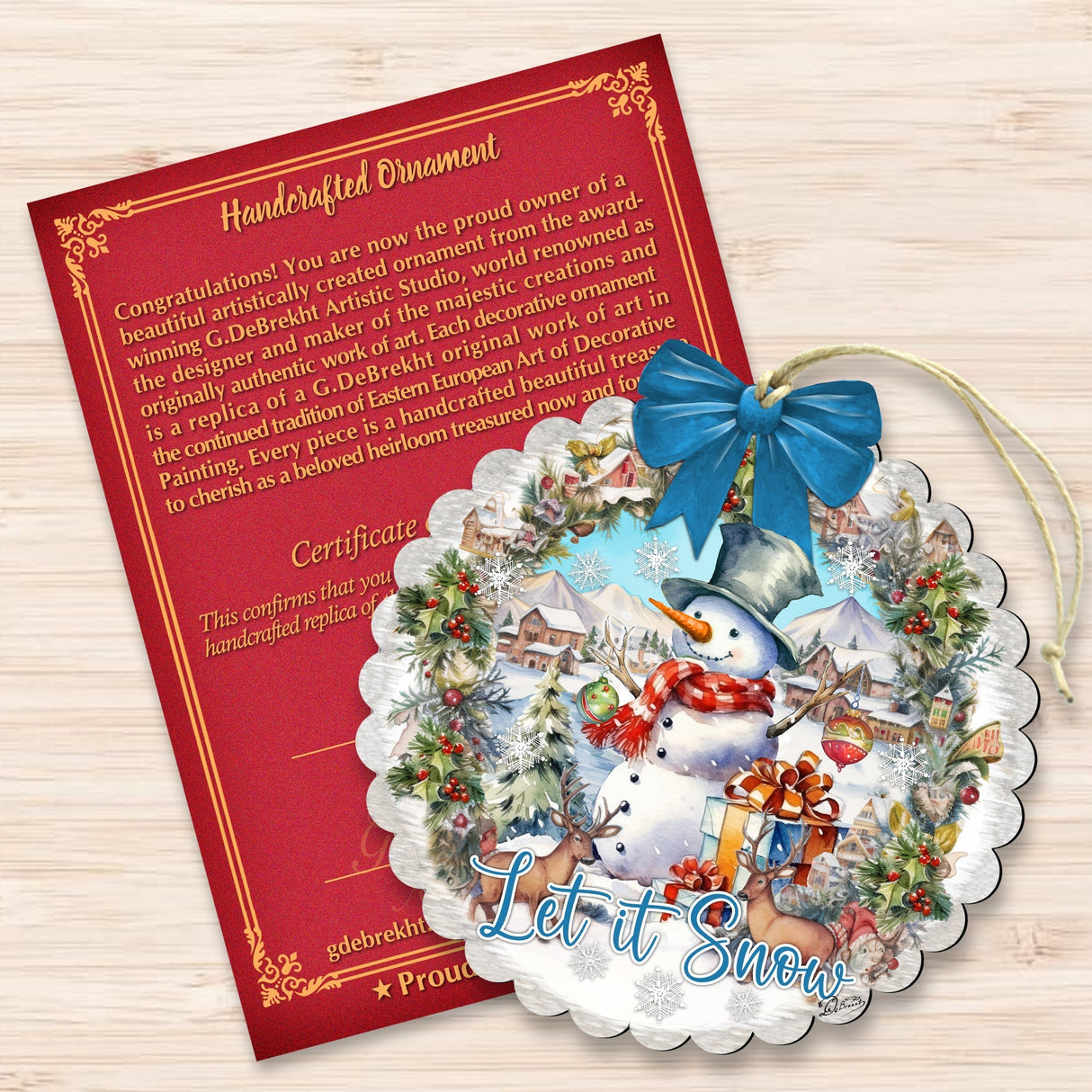 Adornos de madera "Let it Snow" de G. Debrekht: decoración navideña de Papá Noel y muñeco de nieve - 933122