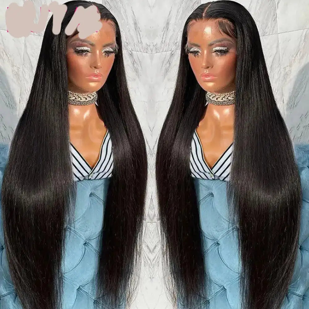 Real Human Hair Lace Wig Set Straight Hair Black Medium Length - Lootquake