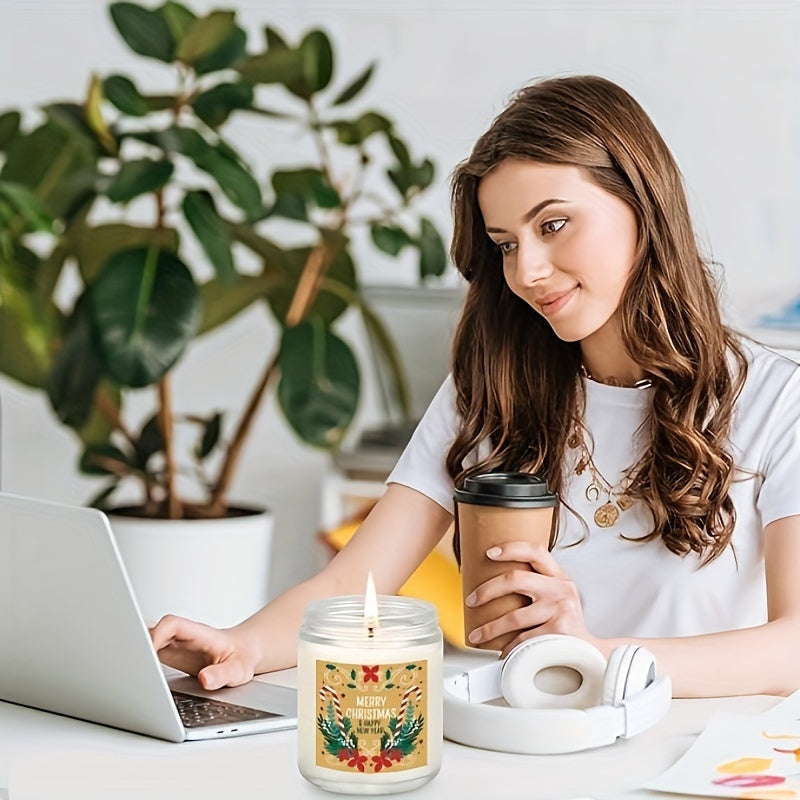 Christmas Themed Scented Candle in Glass Jar, Lavender Soy-Beeswax Blend, 3.5 oz, Hand-Poured with Single Wick, Ideal for Holiday Decor, Christmas Gifting, Festive Ambience & Home Aromatherapy - Comes with Bow Embellishment
