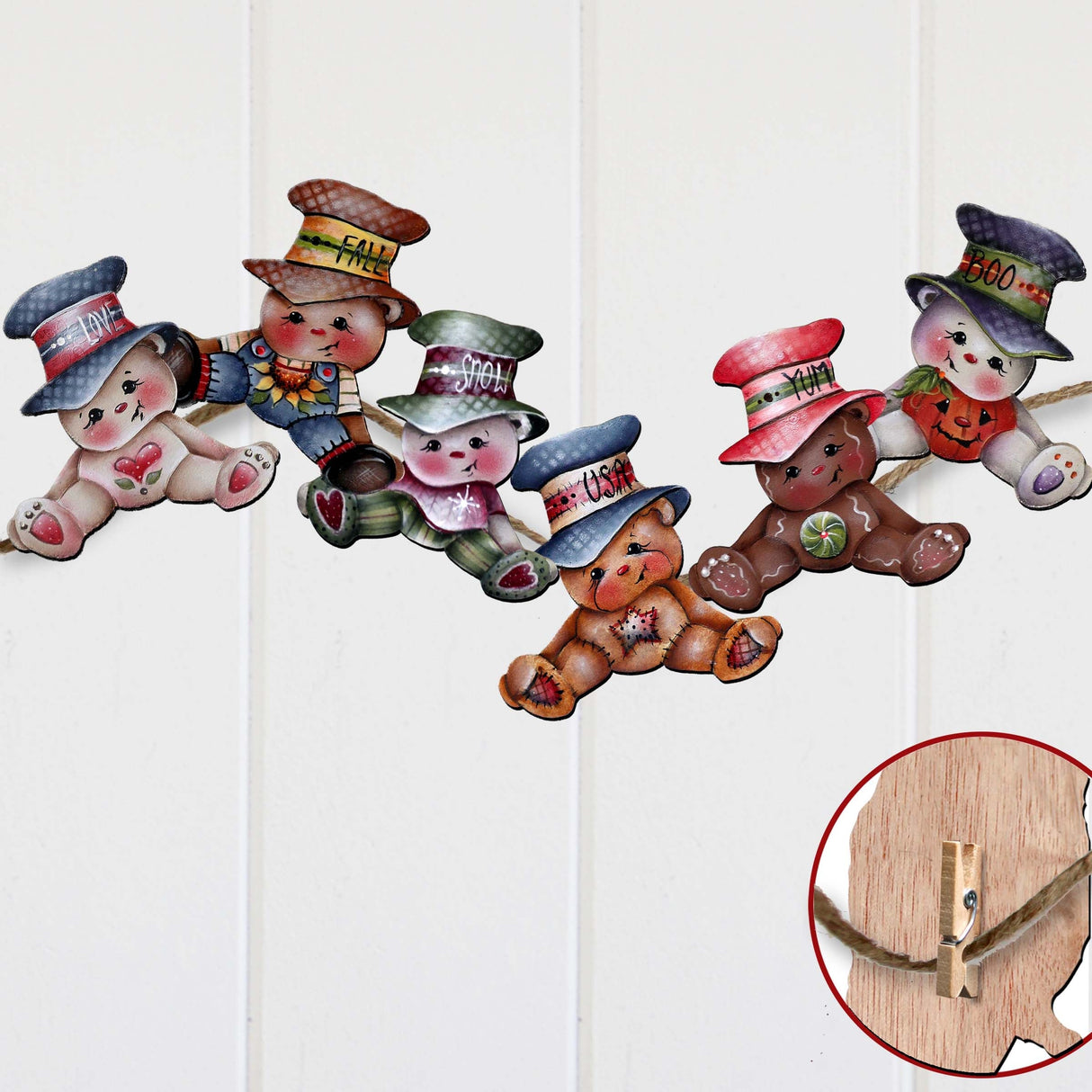 Big Hat Brigade Decorative Wooden Clip-on Ornaments Set of 6 by Jamie Mills-Price - Christmas Santa Snowman Decor - 8090046C-MP-S6