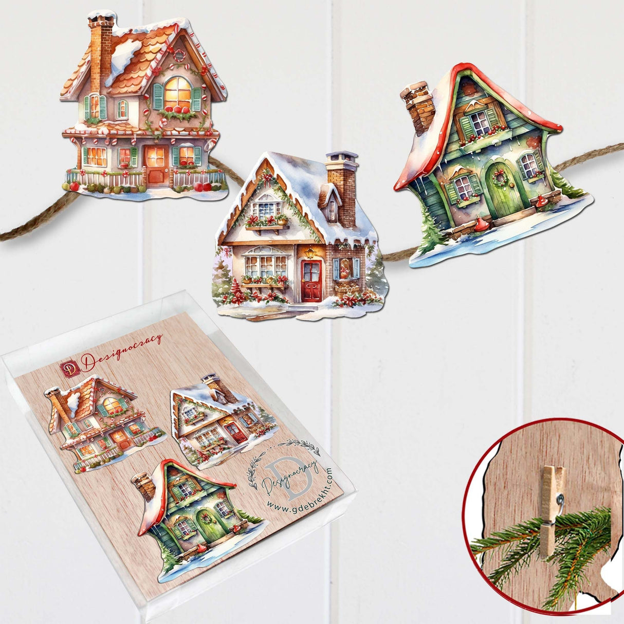 Dream Houses Decorative Wooden Clip-on Ornaments Set of 3 by G. Debrekht - Christmas Decor - 8091029C-S3