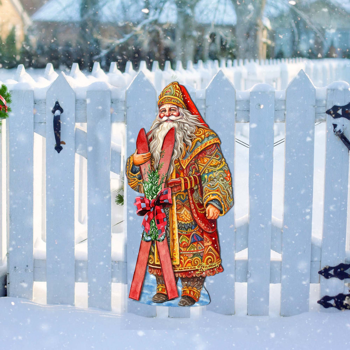 Decoración navideña para puerta "Aventura de esquí de Papá Noel" de G. Debrekht - Decoración navideña de Papá Noel y muñeco de nieve - 8691403H