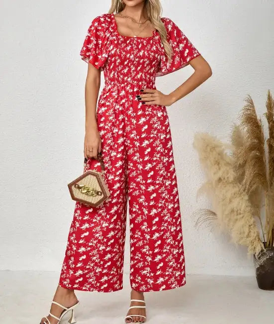 Ladies' Printed Square Neck Fashionable Loose Vacation Style Jumpsuit - Lootquake