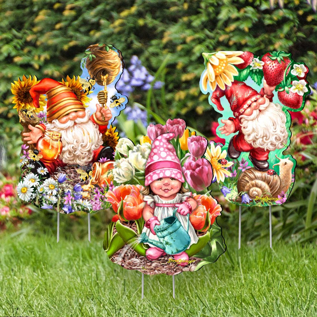 Juego de 3 gnomos enanos para jardín al aire libre Sweet Blossom & Dream de D. Gelsinger - Decoración de primavera y Pascua - 8461060-S3M-DG
