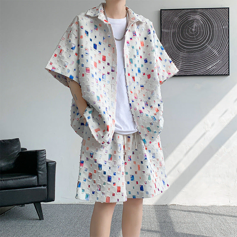 Summer New Chessboard Plaid Shirt Short Sleeve Shorts Suit - Lootquake