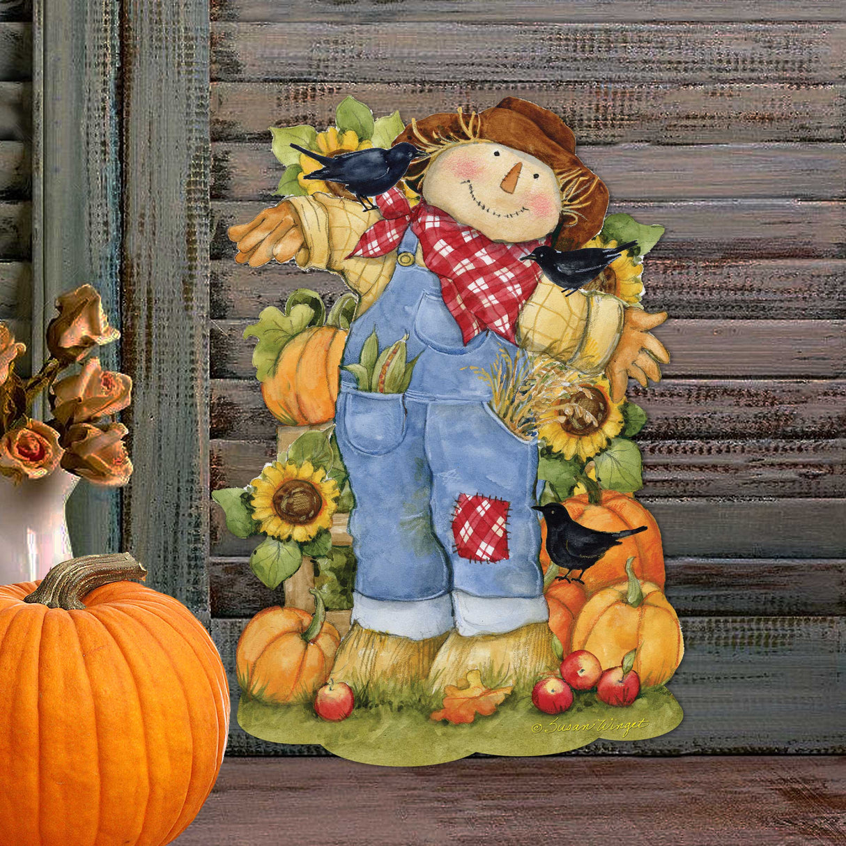 Decoración otoñal para puerta de entrada: Letrero de espantapájaros de la cosecha - Cornucopia - Regalo rústico hecho a mano, adorno otoñal de Susan Winget - 8471211H-SW