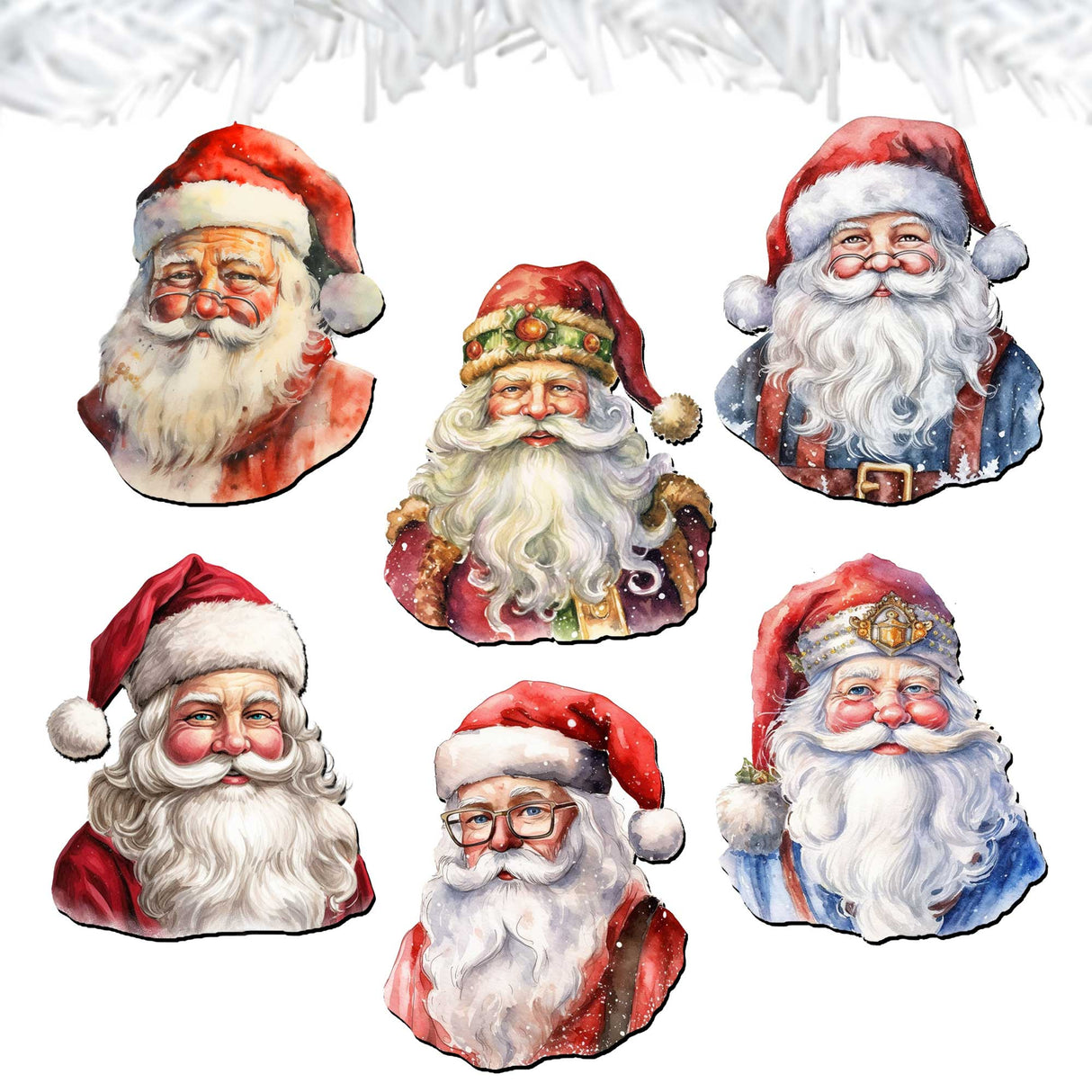 Jolly Santa Faces Decorative Wooden Clip-on Ornaments Set of 6 by G. Debrekht - Christmas Decor - 8090045C-S6