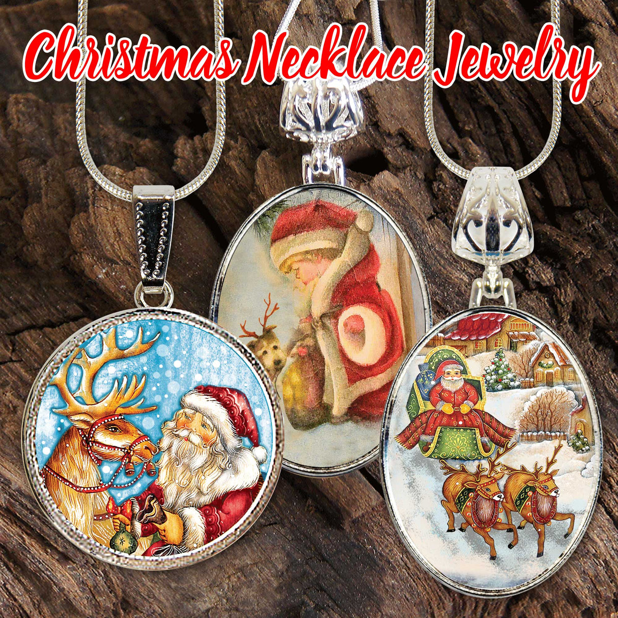 Reindeer Ride Silver Plated Medal Pendant Necklace - 44154O