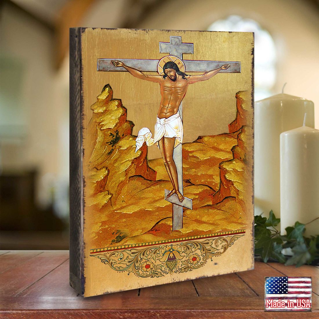 Crucifixion Wooden Gold Plated Religious Christian Sacred Icon - Inspirational Icon Decor - 85058