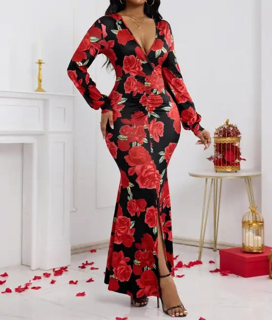 Ladies' V-neck Floral Print Fashionable Hip Hugging Dress - Lootquake