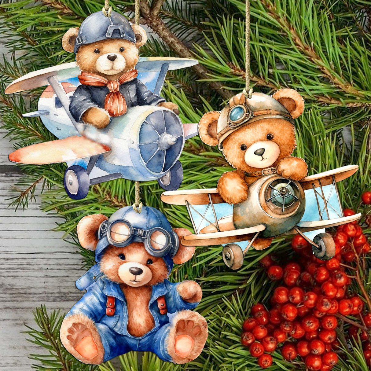 Aviator Teddy Bear Decorative Wooden Ornaments of 3 by G. Debrekht - Christmas Décor - 8091010-S3