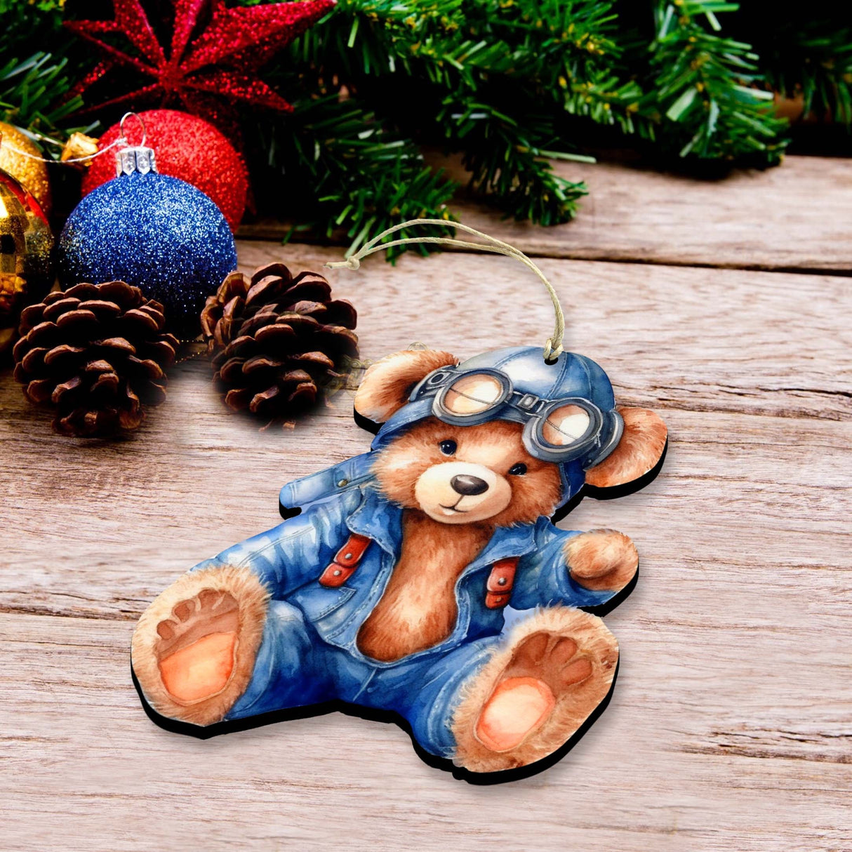 Aviator Teddy Bear Decorative Wooden Ornaments of 3 by G. Debrekht - Christmas Décor - 8091010-S3