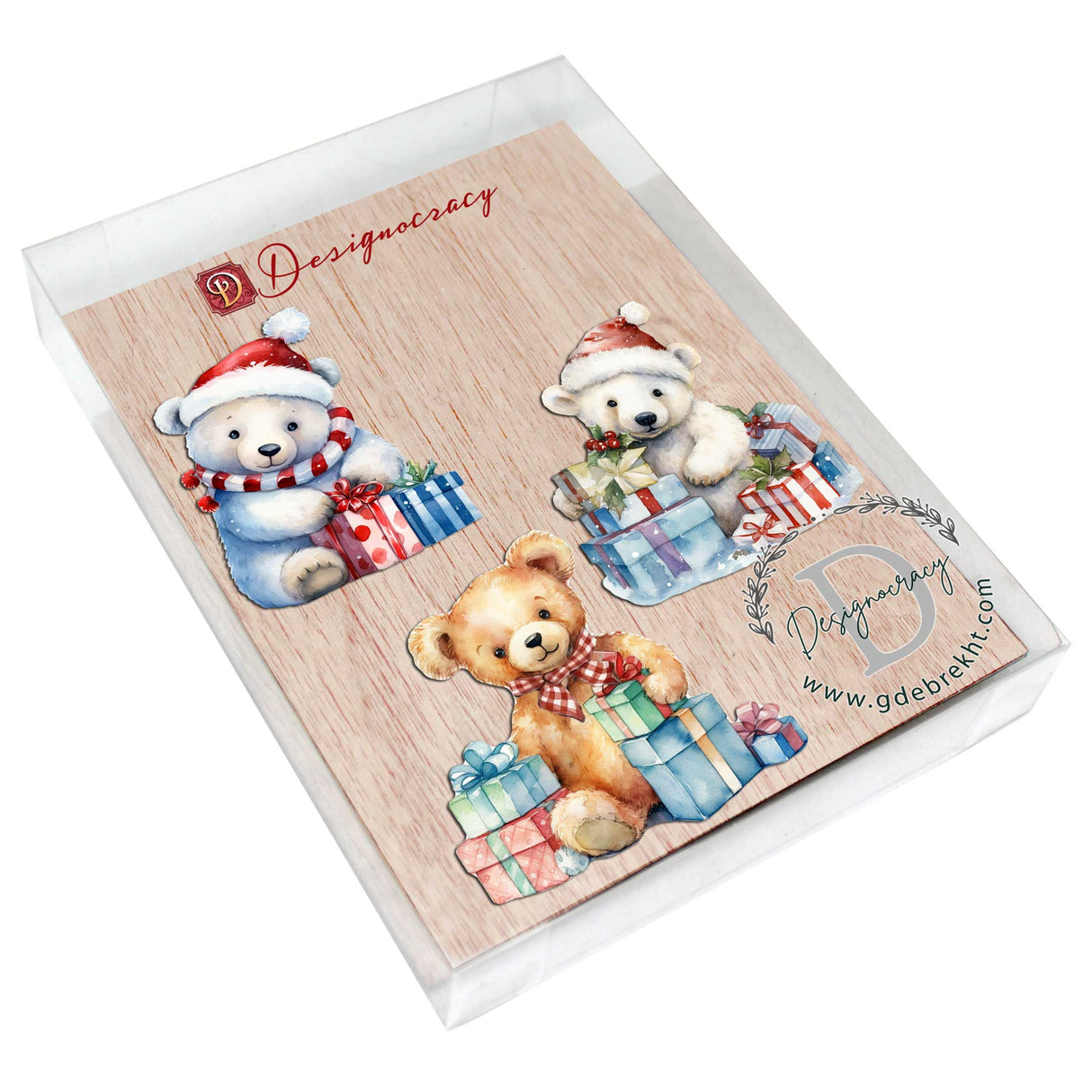 Christmas Teddy Bear Decorative Wooden Ornaments of 3 by G. Debrekht - Christmas Décor - 8091011-S3