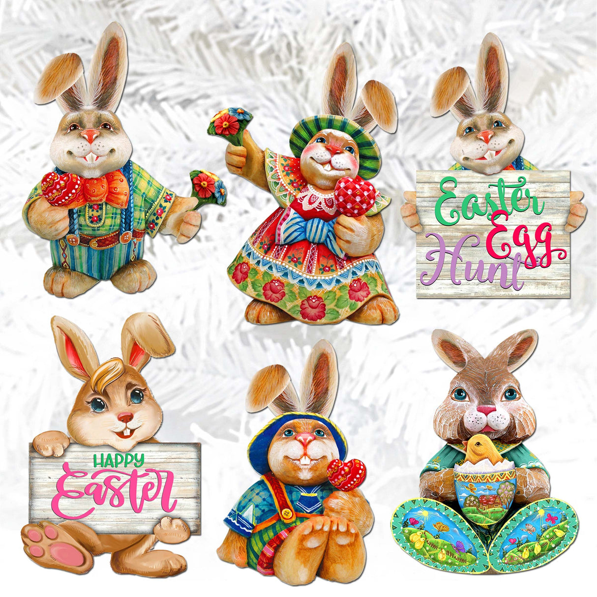 Easter Bunny Family Decorative Wooden Clip-on Ornaments Set of 6 by G. Debrekht - Easter Décor - 8090041C-S6