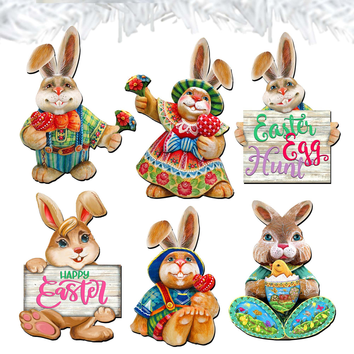 Easter Bunny Family Decorative Wooden Clip-on Ornaments Set of 6 by G. Debrekht - Easter Décor - 8090041C-S6
