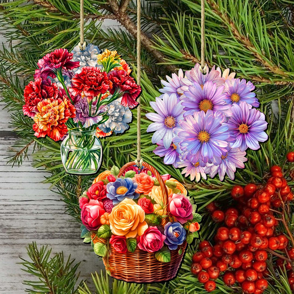 Flowers Decorative Wooden Ornaments Set of 3 by G. Debrekht - Love Family Décor - 8091076-1-S3