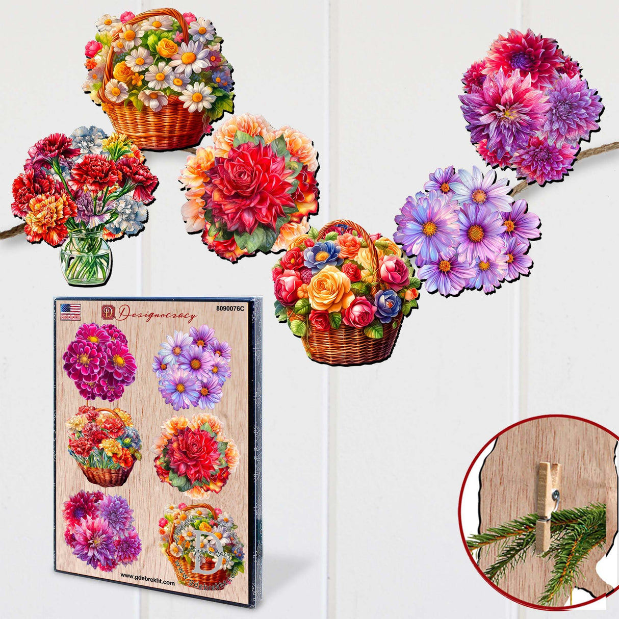 Flowers Decorative Wooden Clip-on Ornaments Set of 6 by G. Debrekht - Love Family Décor - 8090076C-S6