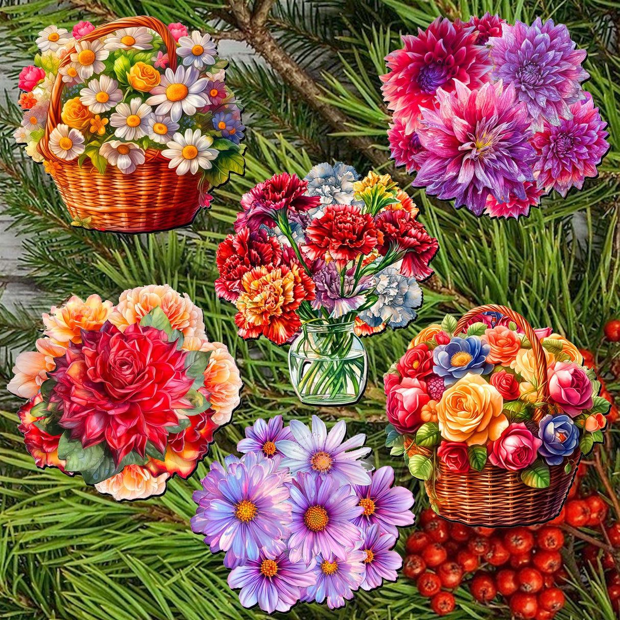 Flowers Decorative Wooden Clip-on Ornaments Set of 6 by G. Debrekht - Love Family Décor - 8090076C-S6