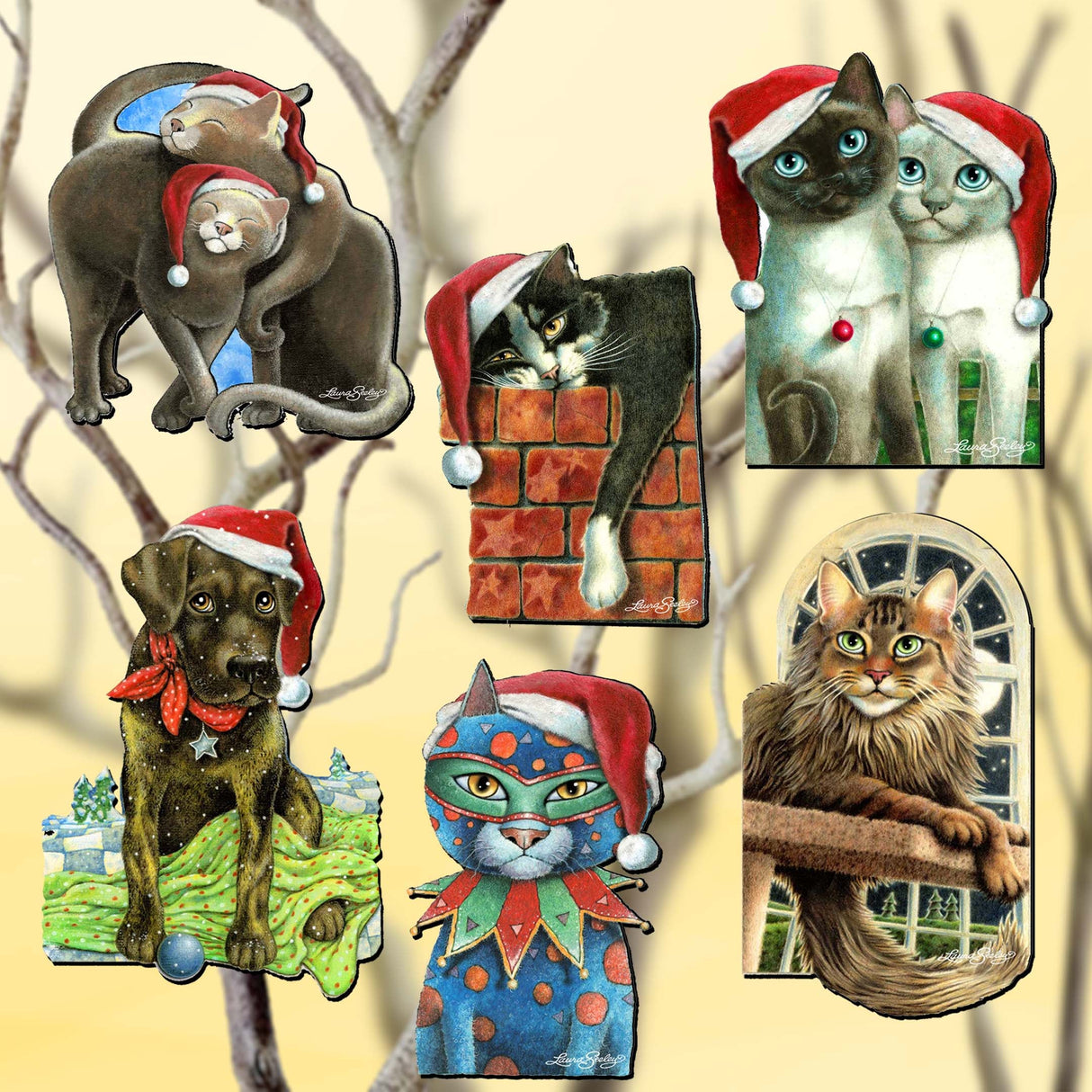Dog and Cats Decorative Wooden Clip-on Ornaments Set of 6 by L. Seeley - Pets Dog and Cat Décor - 8090139C-S6
