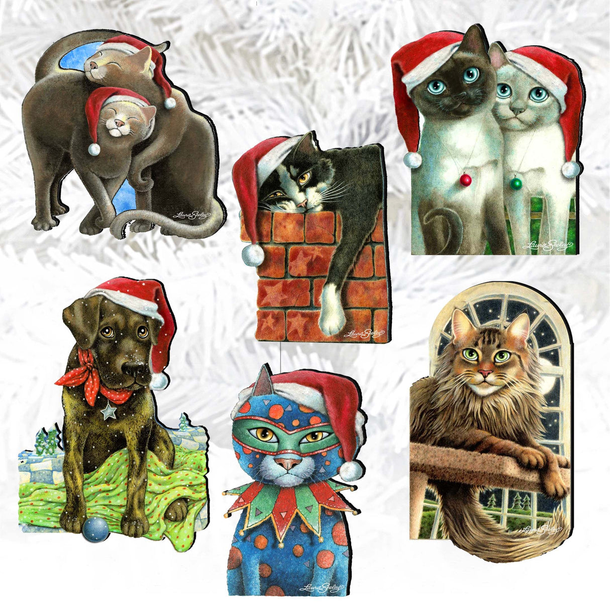 Dog and Cats Decorative Wooden Clip-on Ornaments Set of 6 by L. Seeley - Pets Dog and Cat Décor - 8090139C-S6