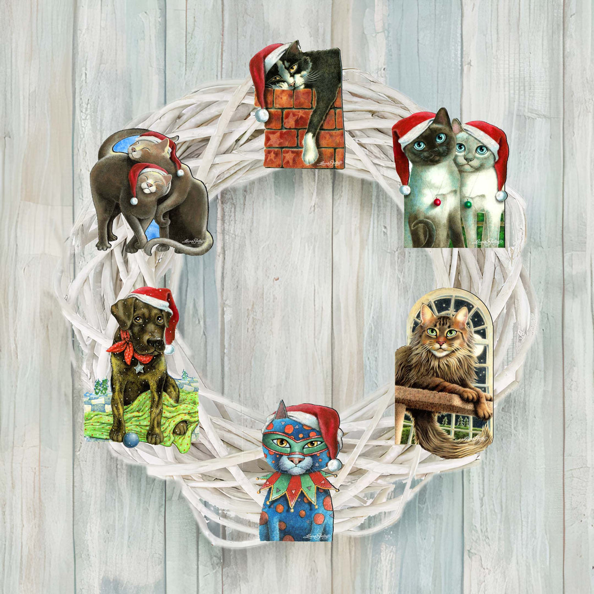 Dog and Cats Decorative Wooden Clip-on Ornaments Set of 6 by L. Seeley - Pets Dog and Cat Décor - 8090139C-S6