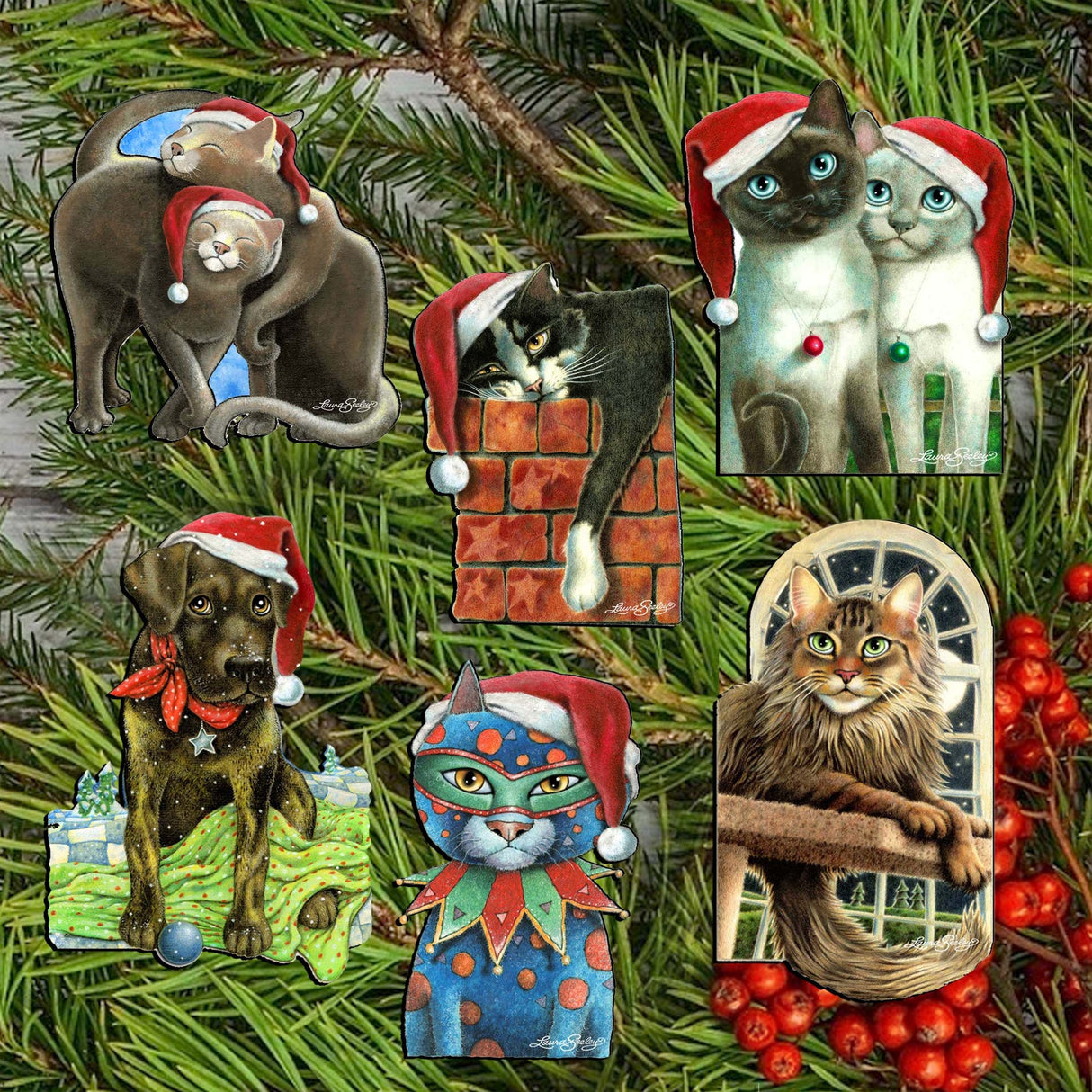 Dog and Cats Decorative Wooden Clip-on Ornaments Set of 6 by L. Seeley - Pets Dog and Cat Décor - 8090139C-S6