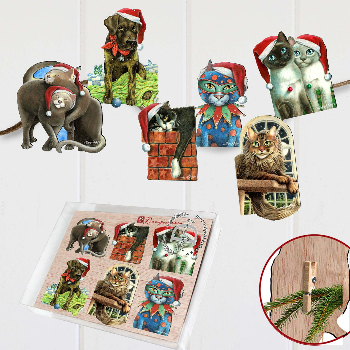 Dog and Cats Decorative Wooden Clip-on Ornaments Set of 6 by L. Seeley - Pets Dog and Cat Décor - 8090139C-S6