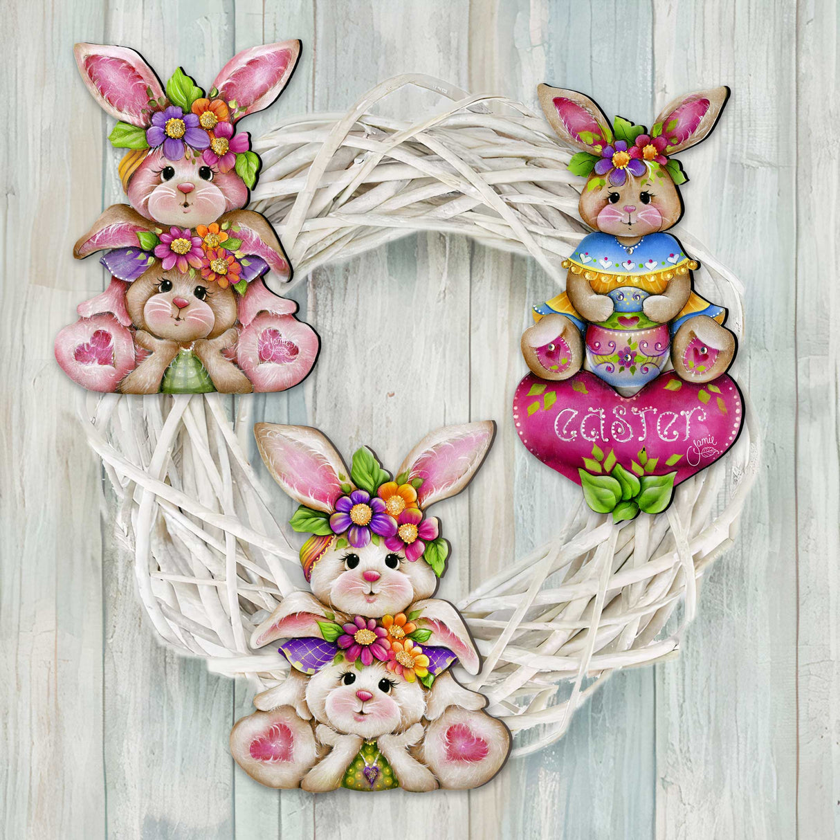 Easter Bunnies Wooden Clip-on Ornaments Set of 3 by J. Mills-Price - Easter Spring Decor - 8091046C-S3