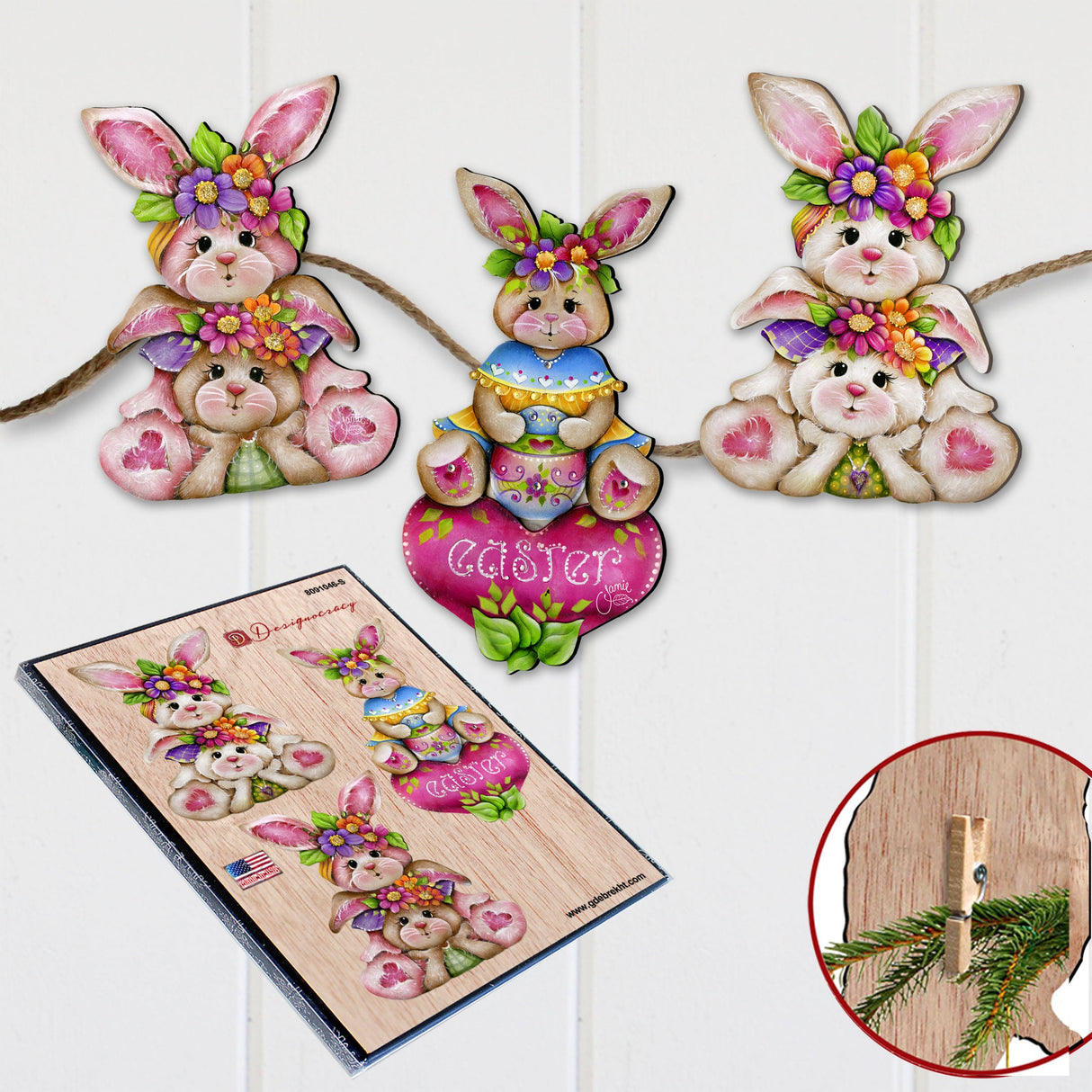 Easter Bunnies Wooden Clip-on Ornaments Set of 3 by J. Mills-Price - Easter Spring Decor - 8091046C-S3