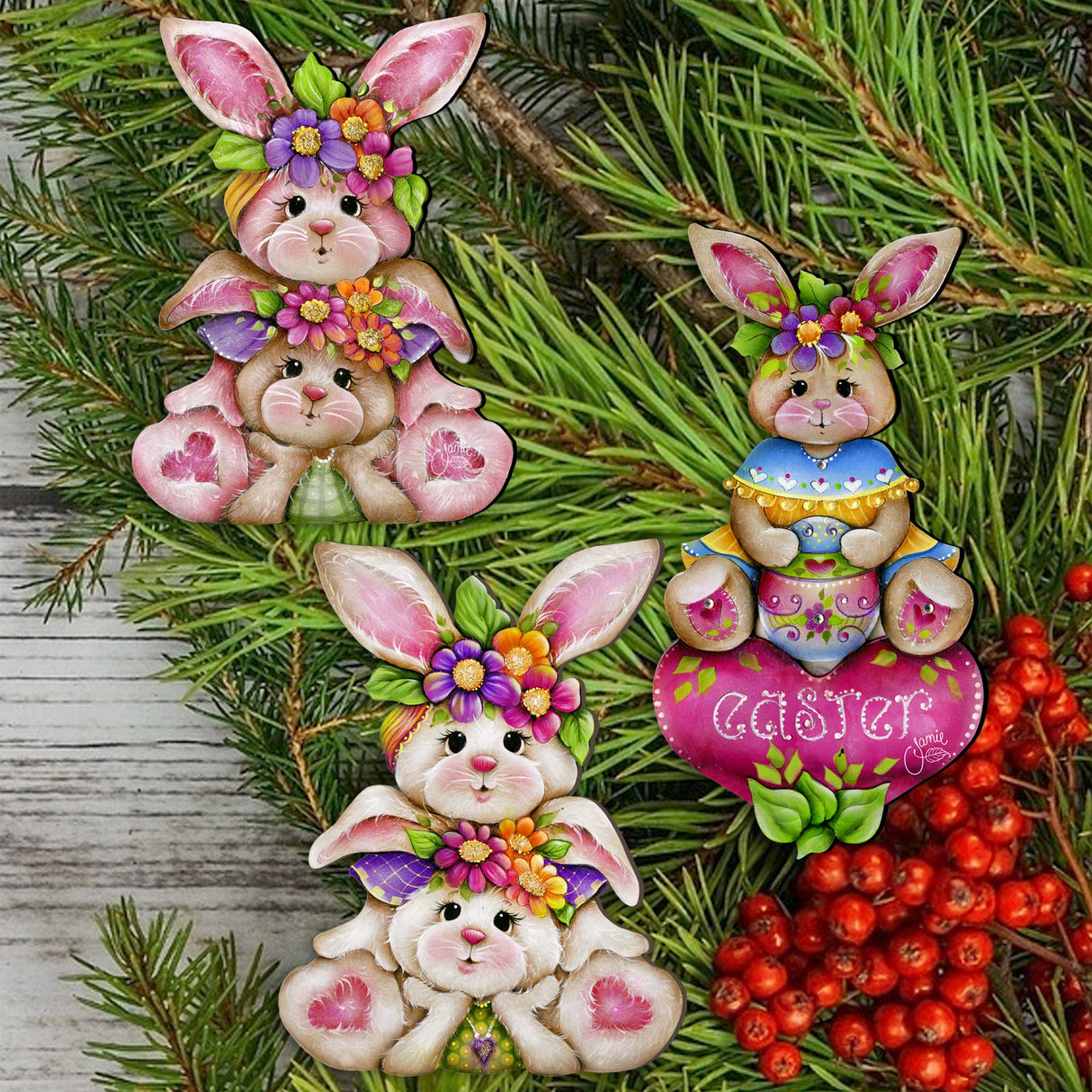 Easter Bunnies Wooden Clip-on Ornaments Set of 3 by J. Mills-Price - Easter Spring Decor - 8091046C-S3