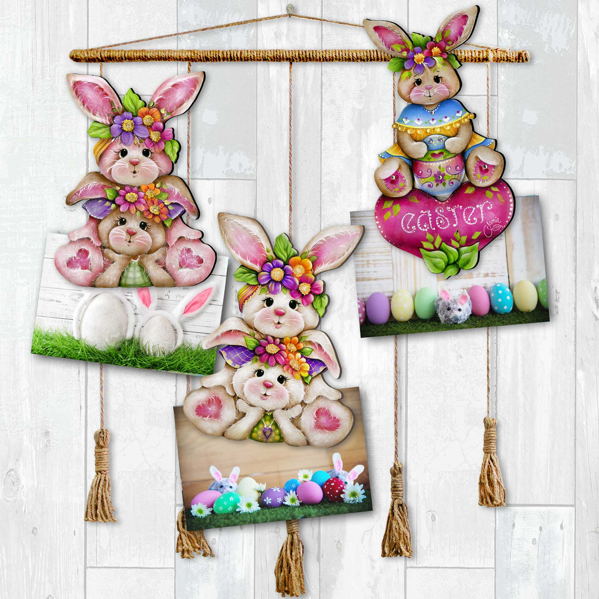 Easter Bunnies Wooden Clip-on Ornaments Set of 3 by J. Mills-Price - Easter Spring Decor - 8091046C-S3