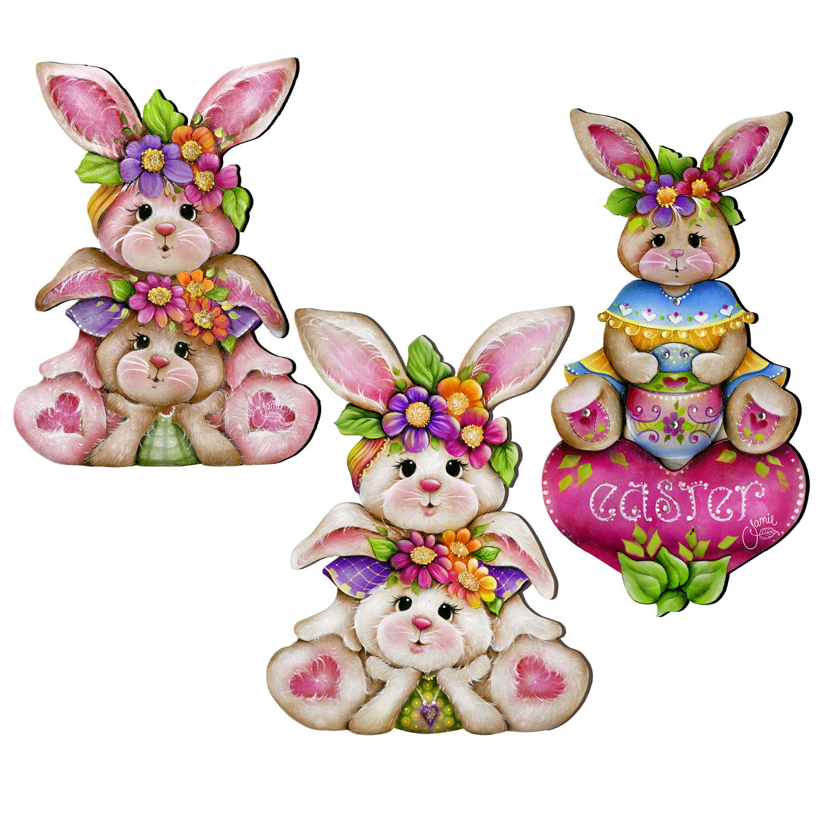 Easter Bunnies Wooden Clip-on Ornaments Set of 3 by J. Mills-Price - Easter Spring Decor - 8091046C-S3