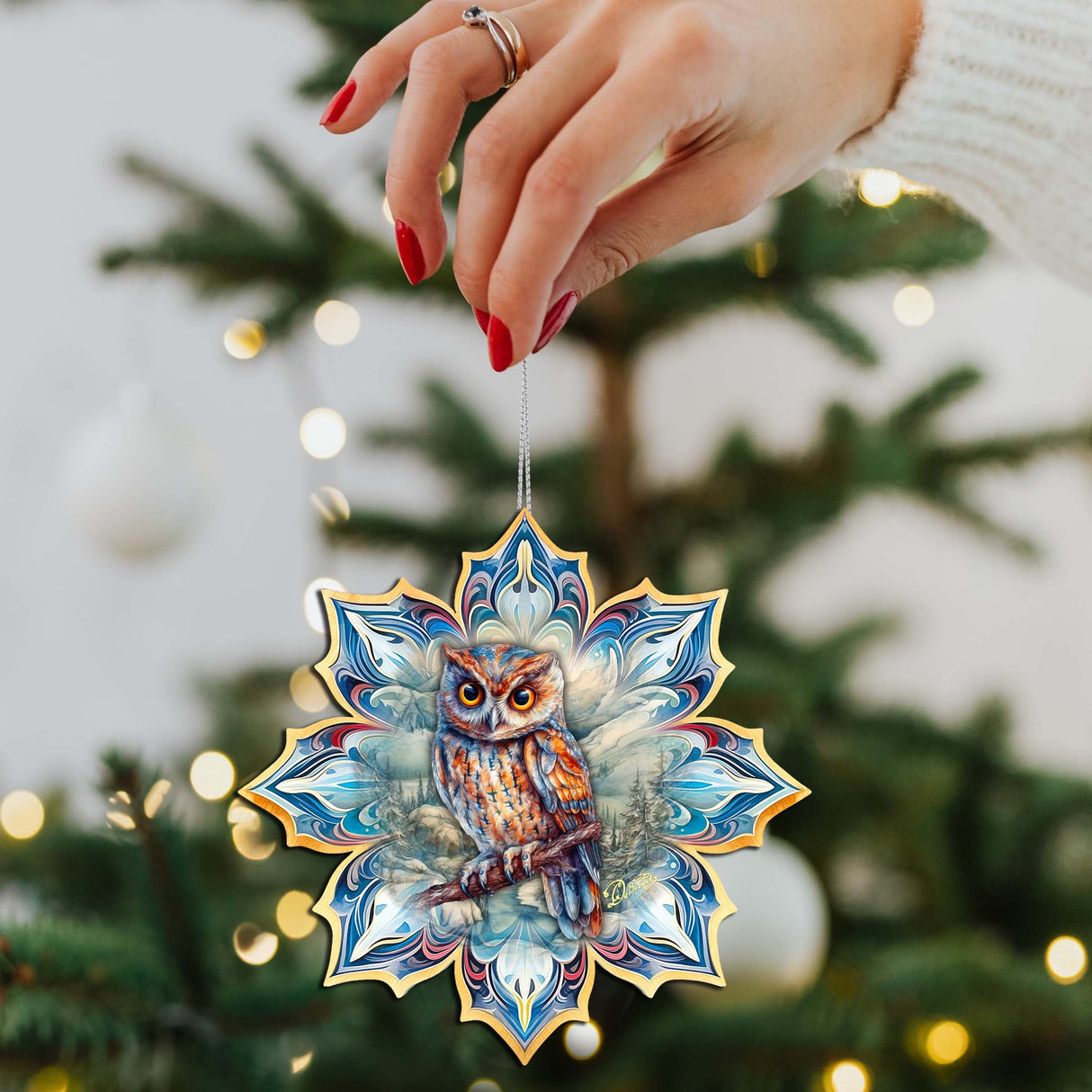 Owls Snowflake Wooden Ornaments Set of 3 by G. Debrekht - Nature Wildlife Decor - 8090152-S3