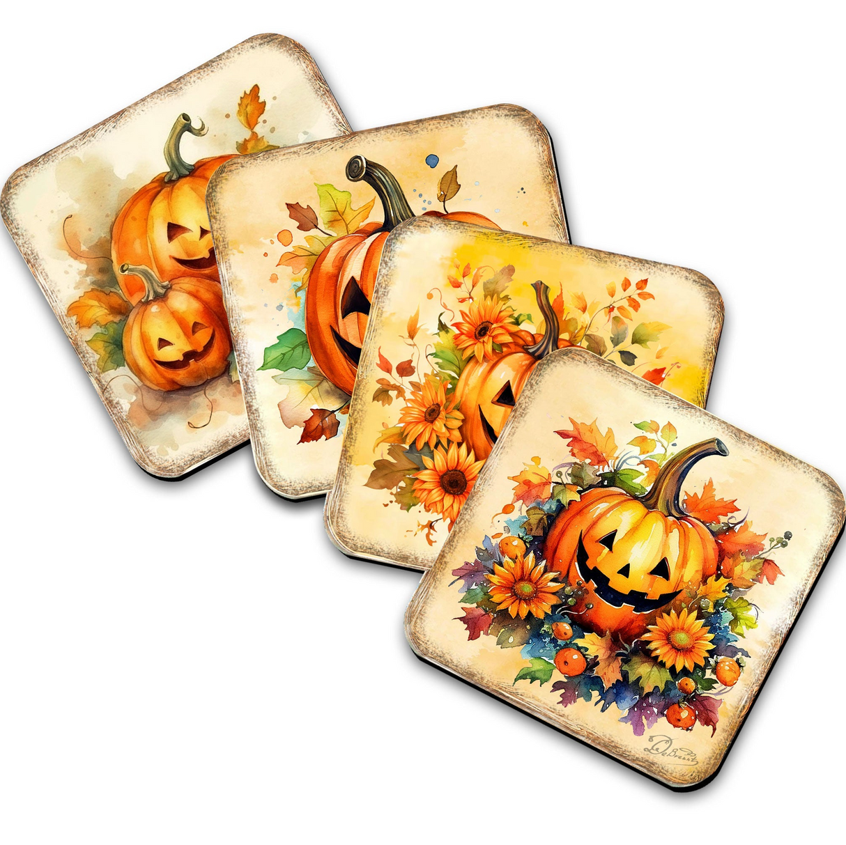 Halloween Pumpkin Wooden Cork Coasters Gift Set of 4 by G. Debrekht - Thanksgiving Decor - 8199448C-S4