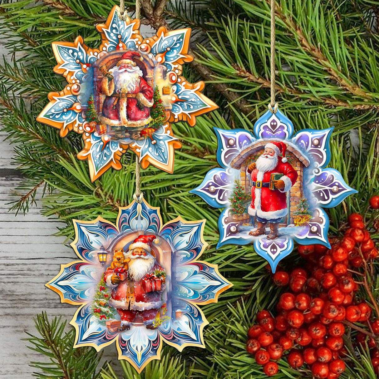 Santa's Greetings Snowflake Wooden Ornaments Set of 3 by G. Debrekht - Christmas Decor - 8090147-S3