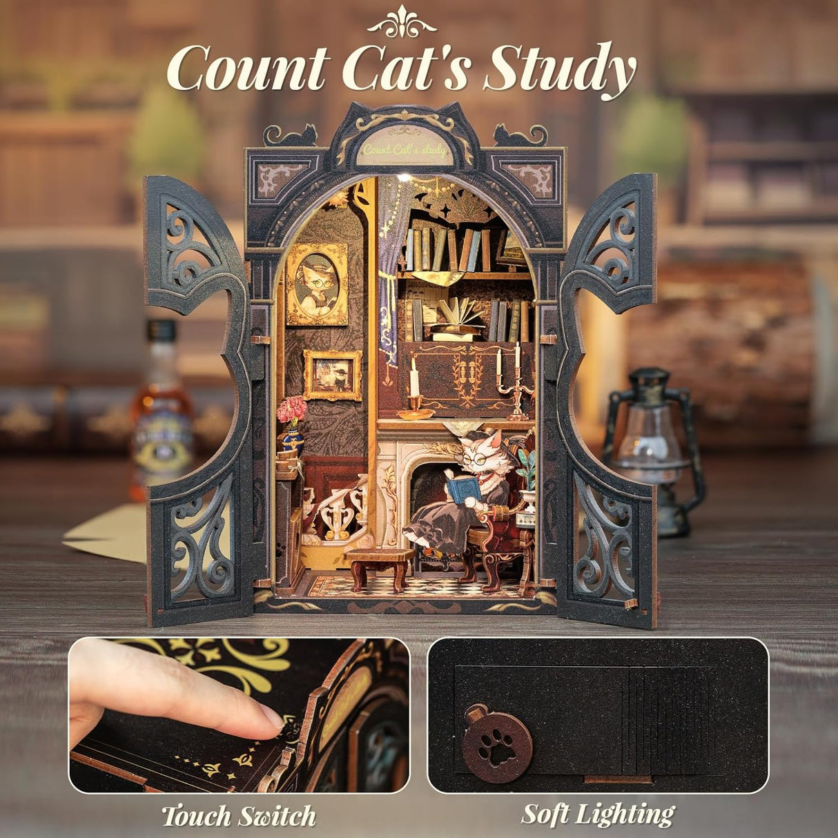 Book Nook Wizardi Miniature - Count Cat's Study Roombox Kit-2
