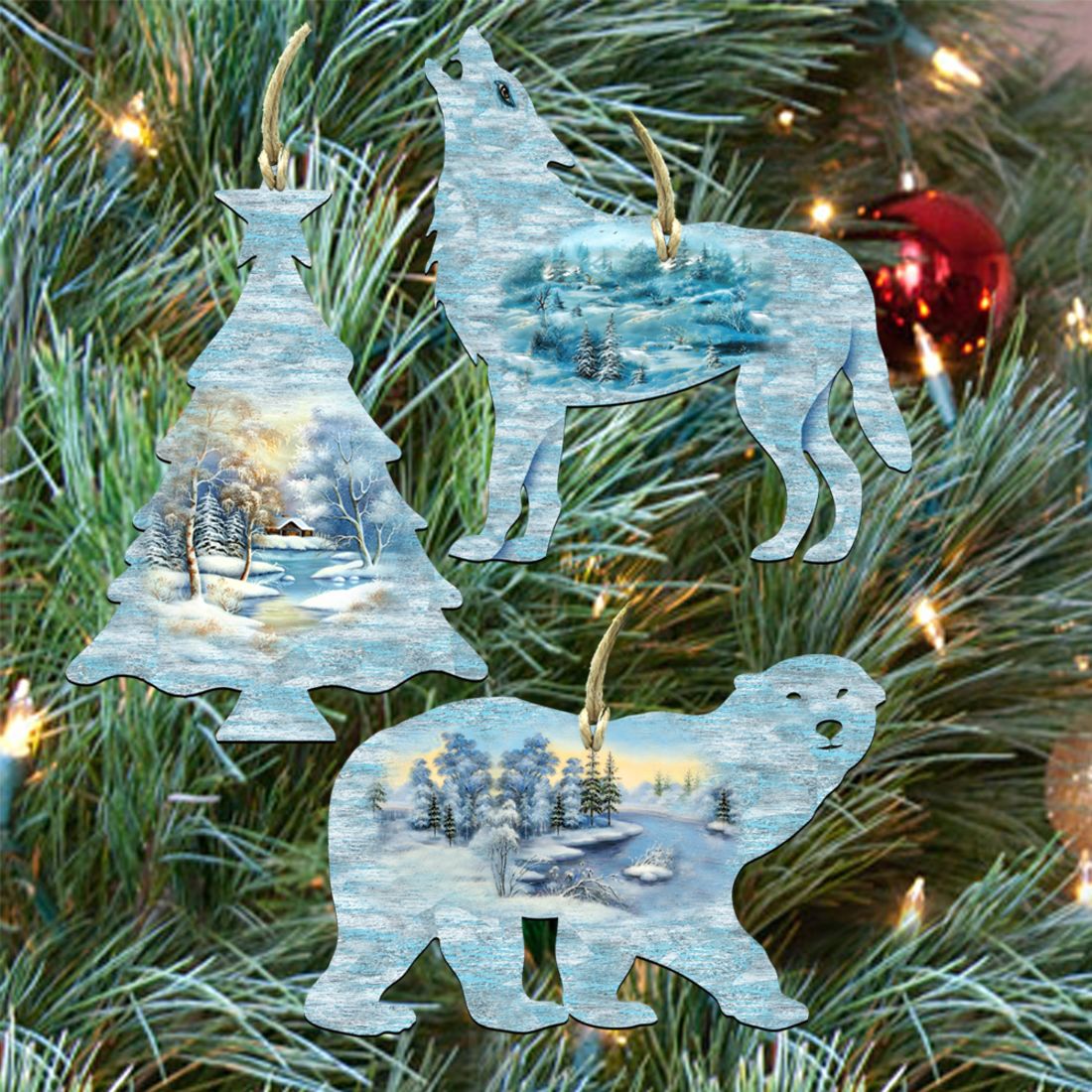 Woodsy Wildlife Wooden Ornaments Set of 3 by G. DeBrekht - Wildlife Holiday Décor - 8100043S3
