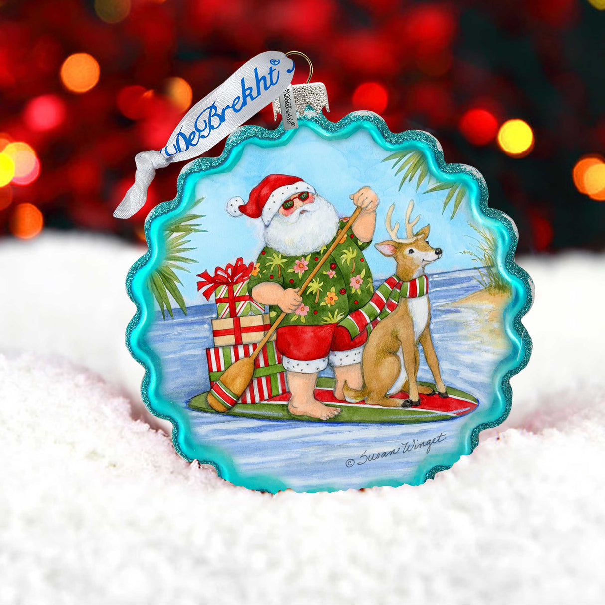 Christmas Decoration - Handblown Glass - Paddle Boarding Santa - Christmas Tree Ornament by Susan Winget - Handmade Gift - Wooden Ornament - 759-115-SW