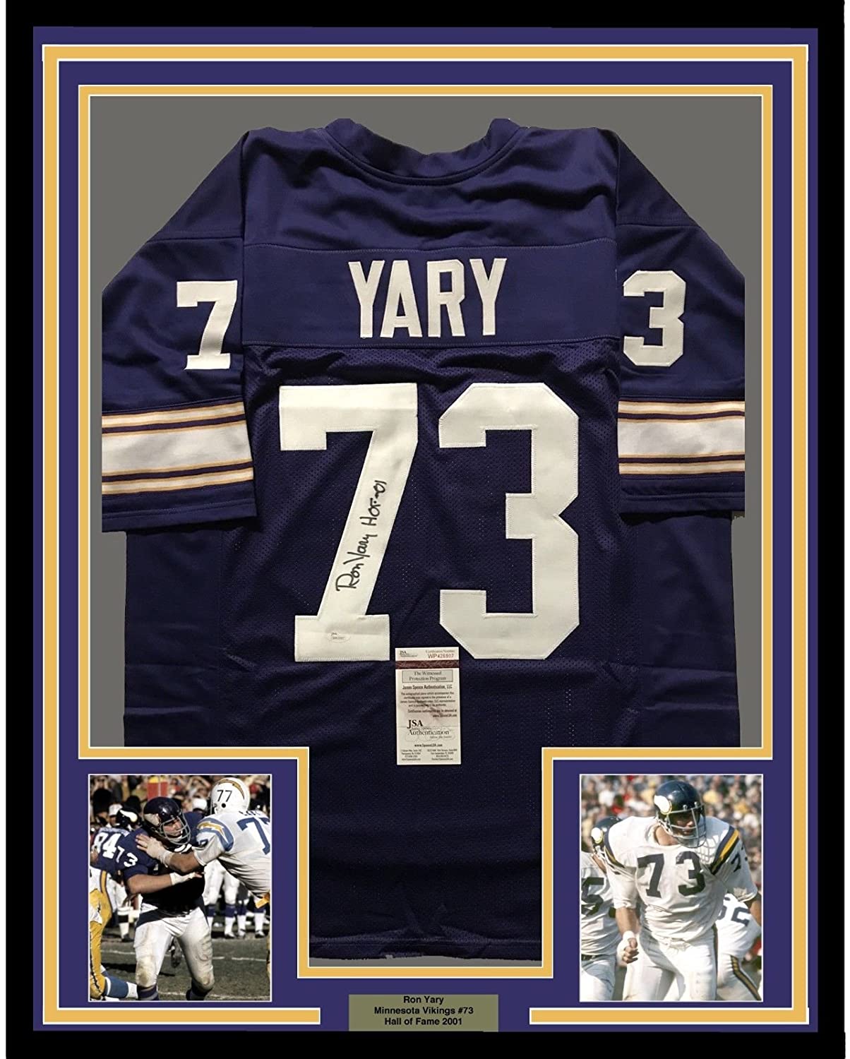 Framed Autographed/Signed Ron Yary HOF 01 35x39 Minnesota Vikings Purple Football Jersey JSA COA