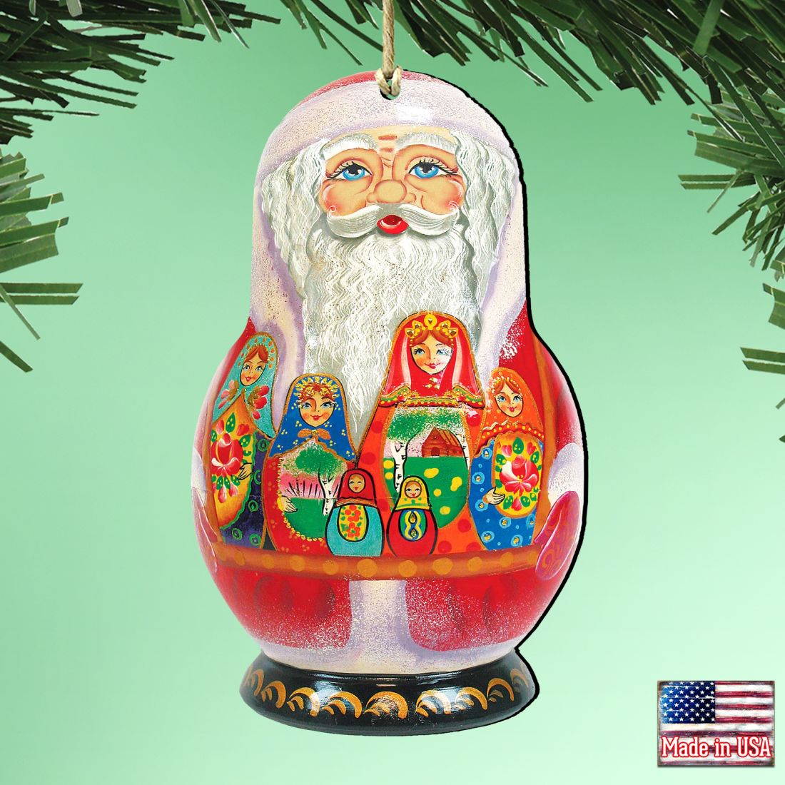Matreshka Santa Doll Wooden Ornaments by G. DeBrekht - Christmas Santa Snowman Decor - 8110716