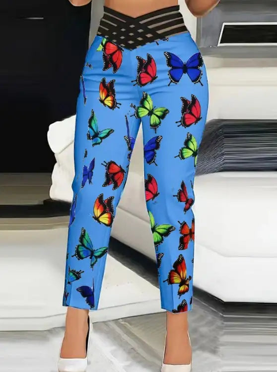 Ladies' Butterfly Printed High Waisted Hollow Out Casual Slim Fit Pants - Lootquake