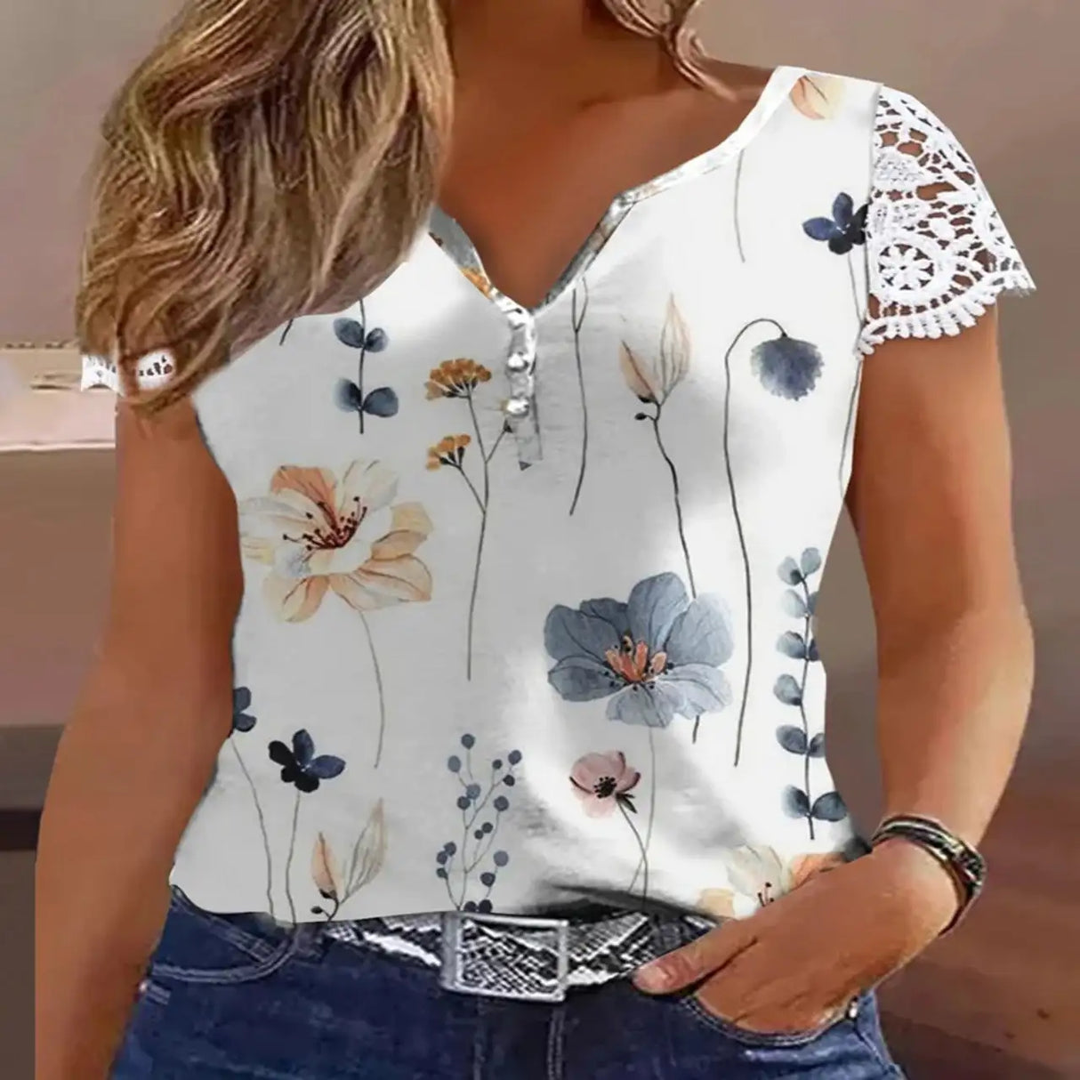 Ladies' Floral Print V-neck Button Casual Lace Patchwork Sleeve Fashionable Vacation Top Shirt - Lootquake