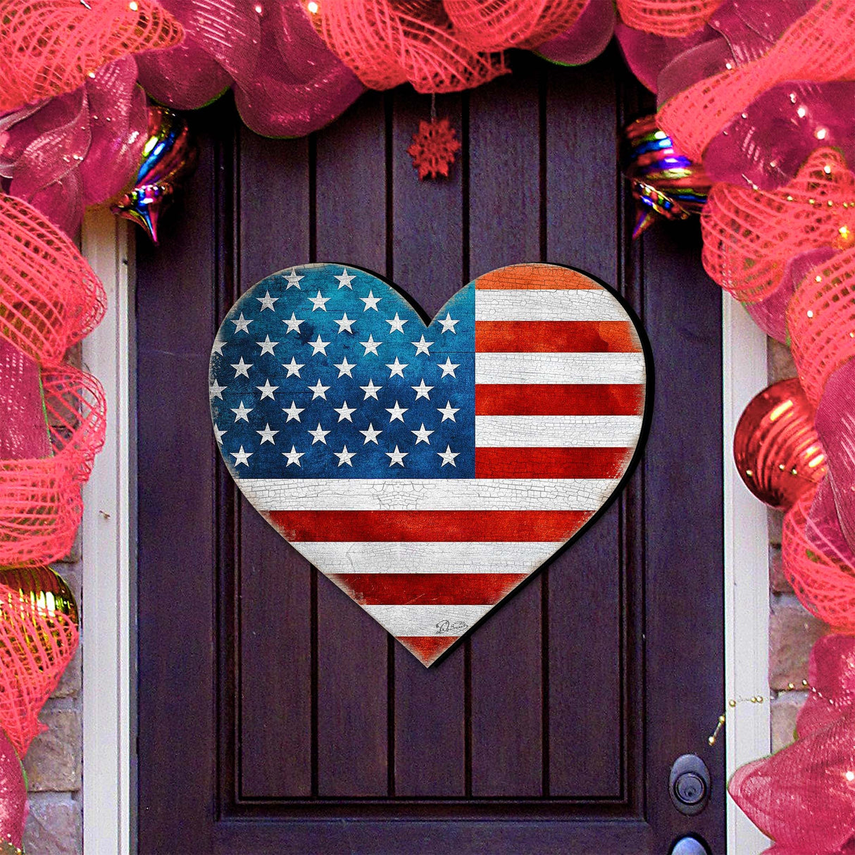 Decoración navideña con forma de corazón patriótico para puerta - Decoración navideña americana - 8187130-2H