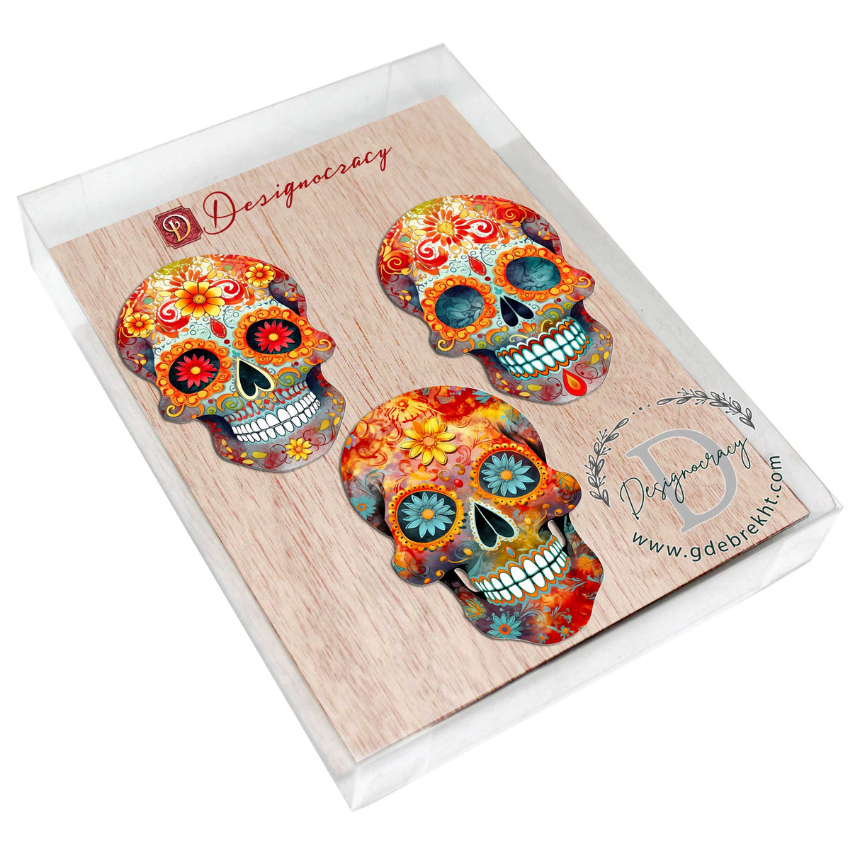 Sugar Skulls Decorative Wooden Ornaments of 3 by G. Debrekht - Halloween Decor - 8091071-S3